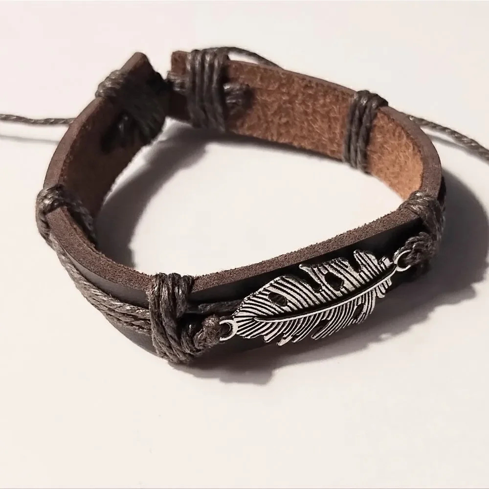 Men's bracelet leather feather new d19‎